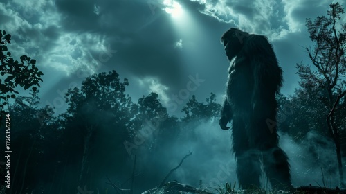 Ethereal Bigfoot Silhouette in Forest with Moonlight and Dense Fog
