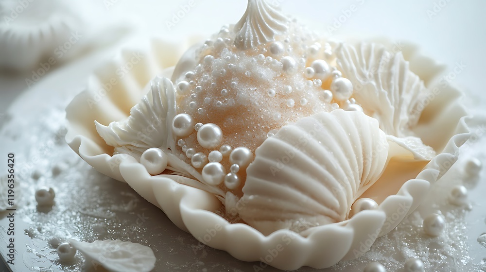 A seashell cake with pearllike sugar decorations