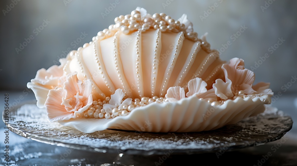 A seashell cake with pearllike sugar decorations