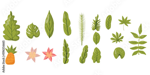 Collection of tropical elements including various green leaves, flowers, and a pineapple. Perfect for botanical designs, eco-themed projects, and nature-inspired decorations, optimized for top search 