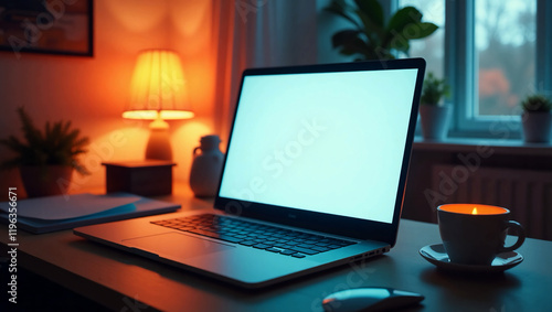 A laptop computer with a blank screen. Workstation desk table for home office. Nordic home design in the present day. The space mockup template should be copied. Front view of a self-isolation company