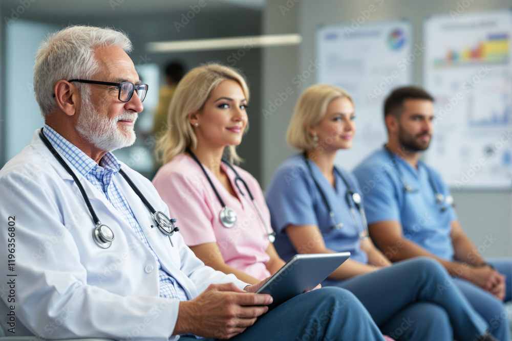 Healthcare professionals in a waiting area. Healthcare professionals in a waiting area.