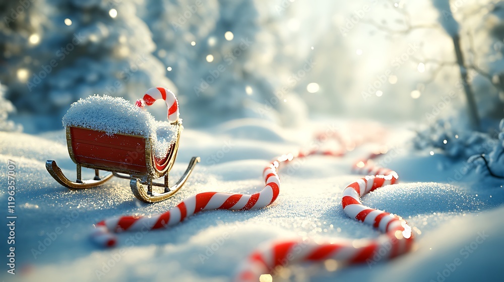 A shimmering snow covered sleigh is approached by a trail of candy canes