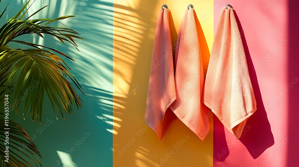A set of shiny polished washcloths hangs tastefully alone against a vibrant backdrop
