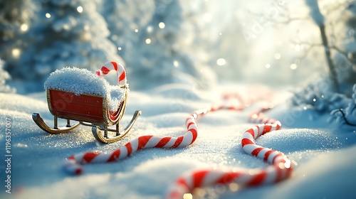 Obraz na płótnie A shimmering snow covered sleigh is approached by a trail of candy canes w salonie
