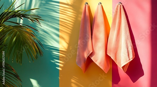 A set of shiny polished washcloths hangs tastefully alone against a vibrant backdrop