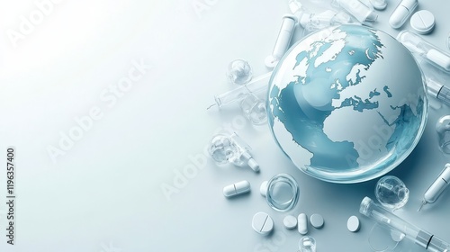 Global healthcare crisis, world surrounded by pills addressing medication access and pharmaceutical challenges
