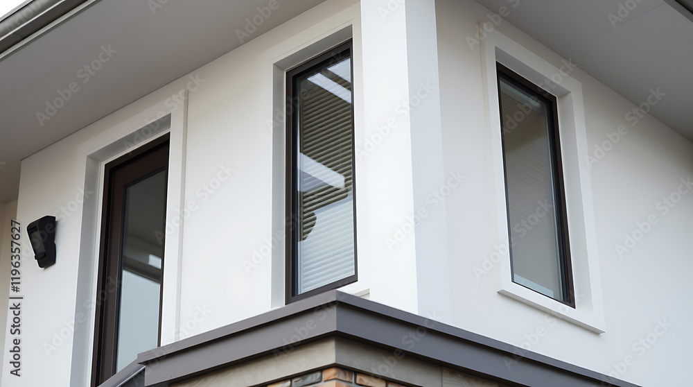 Fototapeta premium Modern Home Exterior: Clean Lines and Stylish Design. High-end residential architecture showcasing contemporary aesthetics and minimalist details. Luxury real estate photography.