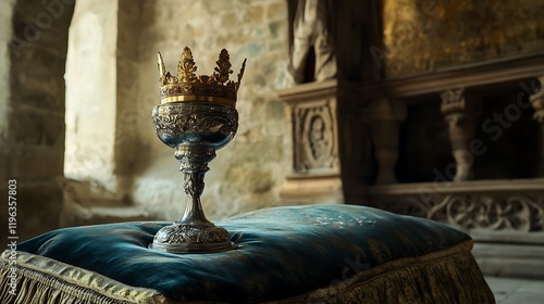 Obraz na płótnie A silver chalice with a golden crown on a velvet pillow in a stone hall w salonie