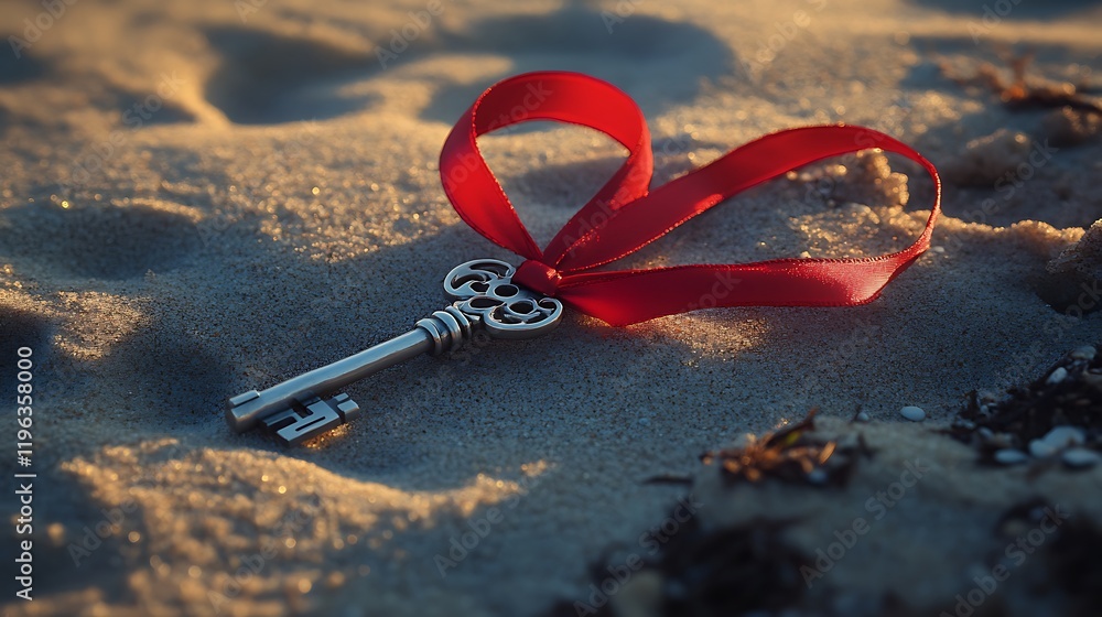 A silver key with a red velvet ribbon on a sunlit beach at dawn