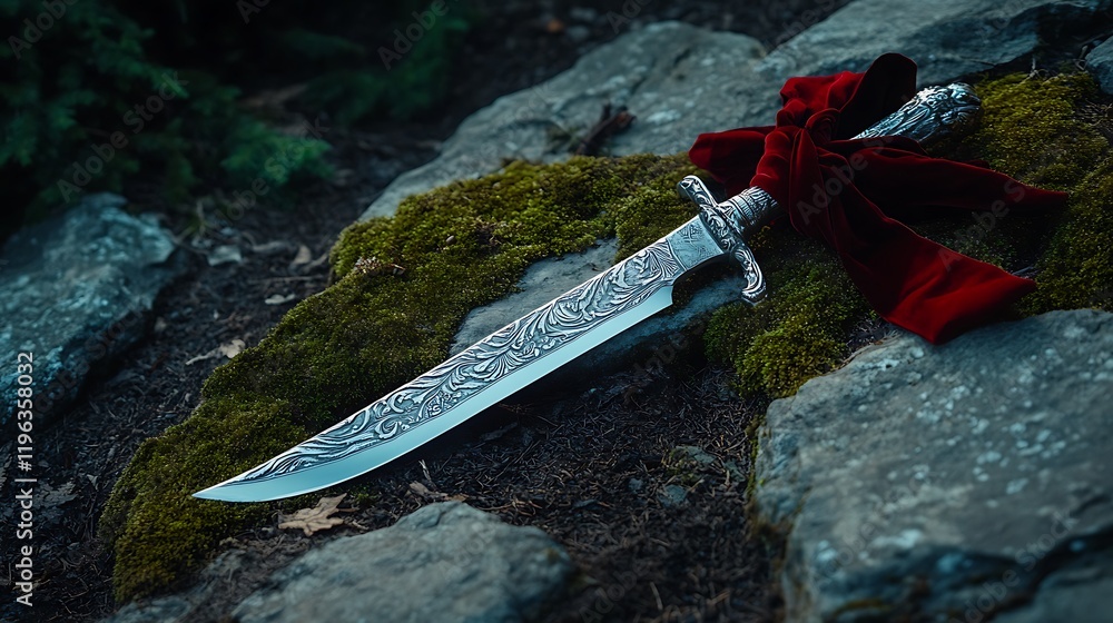 A silver knife with a velvet ribbon on a moss covered stone path