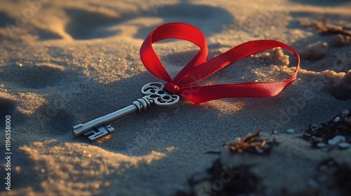 Obraz na płótnie A silver key with a red velvet ribbon on a sunlit beach at dawn w salonie