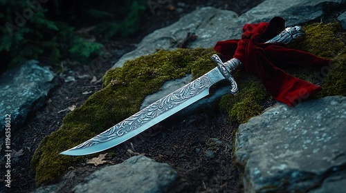 Obraz na płótnie A silver knife with a velvet ribbon on a moss covered stone path w salonie