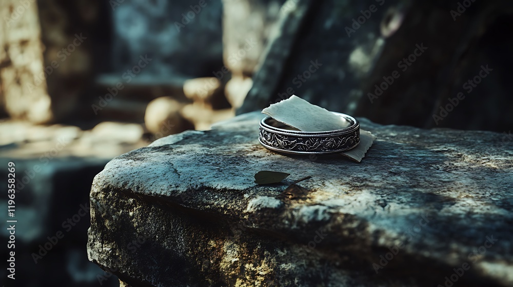 A silver ring with a piece of parchment on a stone pedestal in an ancient ruin