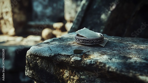 Obraz na płótnie A silver ring with a piece of parchment on a stone pedestal in an ancient ruin w salonie