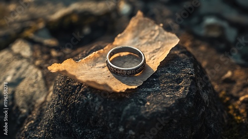 Obraz na płótnie A silver ring with a piece of parchment on a stone pedestal in an ancient ruin w salonie