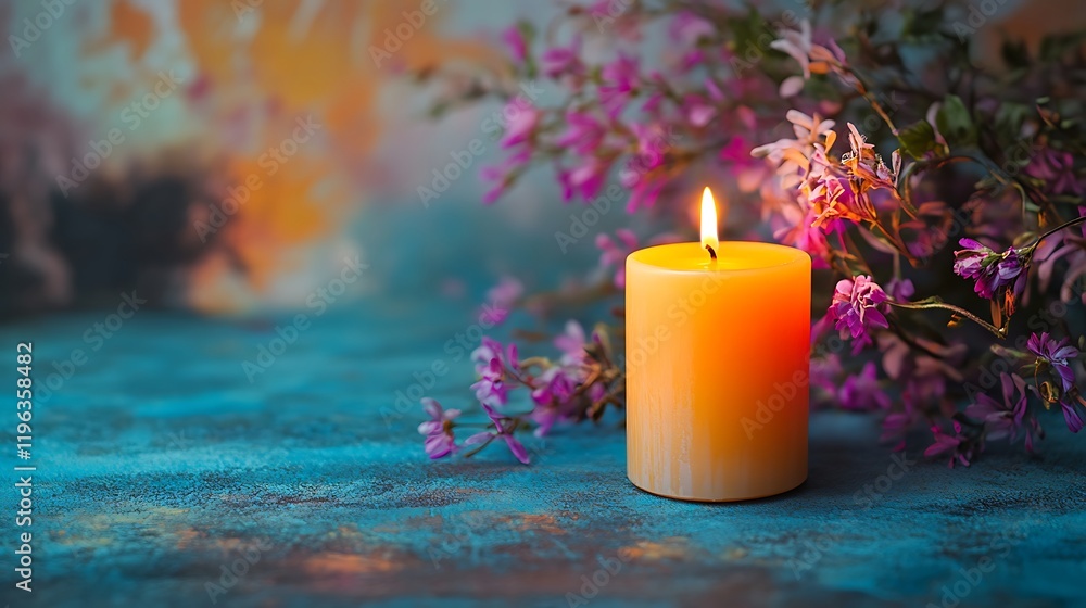 A simple flickering electric candle centerpiece set against a vibrant backdrop