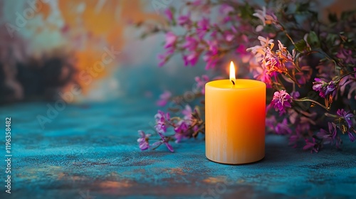 Obraz na płótnie A simple flickering electric candle centerpiece set against a vibrant backdrop w salonie