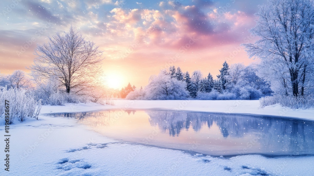 A serene winter landscape at sunrise, with snow-covered trees and a reflective pond. A serene winter landscape at sunrise, with snow-covered trees and a reflective pond.
