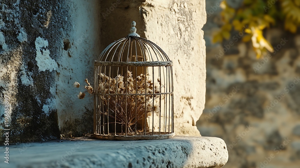 A small birdcage with a dried flower on a stone window ledge