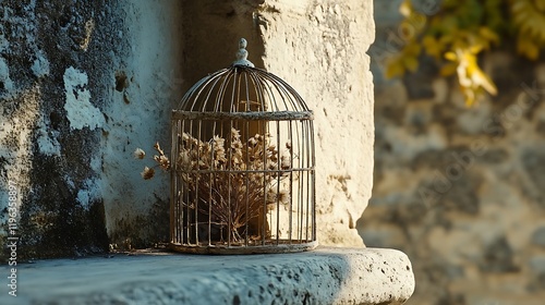 Obraz na płótnie A small birdcage with a dried flower on a stone window ledge w salonie