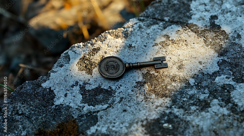 A small key with a worn coin on a crumbling stone ledge