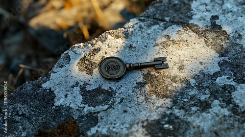 Obraz na płótnie A small key with a worn coin on a crumbling stone ledge w salonie