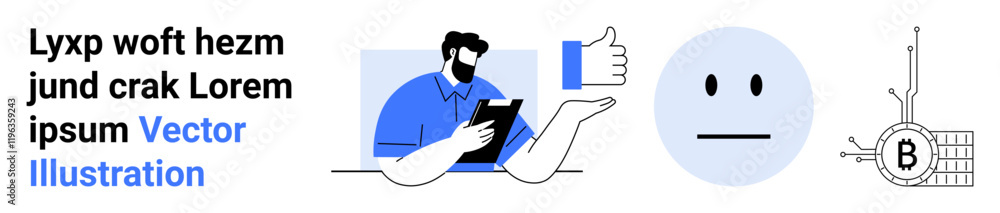 Businessman reading data on tablet, thumbs-up symbol, neutral face, and blockchain graphic. Ideal for tech reviews, business analytics, customer feedback, blockchain technology, corporate Businessman reading data on tablet, thumbs-up symbol, neutral face, and blockchain graphic. Ideal for tech reviews, business analytics, customer feedback, blockchain technology, corporate