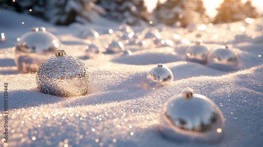 A smattering of glittering decorations on a field covered with snow