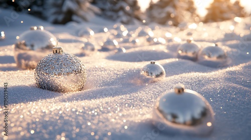 Obraz na płótnie A smattering of glittering decorations on a field covered with snow w salonie
