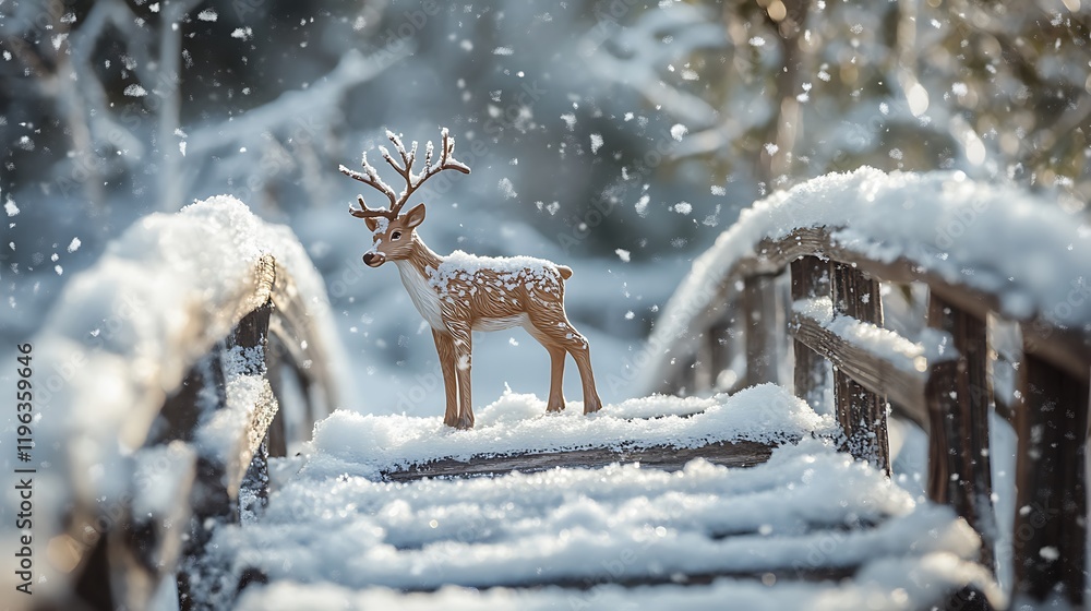 A snow covered wooden bridge held a figurine of a reindeer