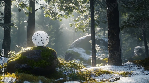 Obraz na płótnie A snow dusted grove with a snowball sphere perched on a mossy stone w salonie