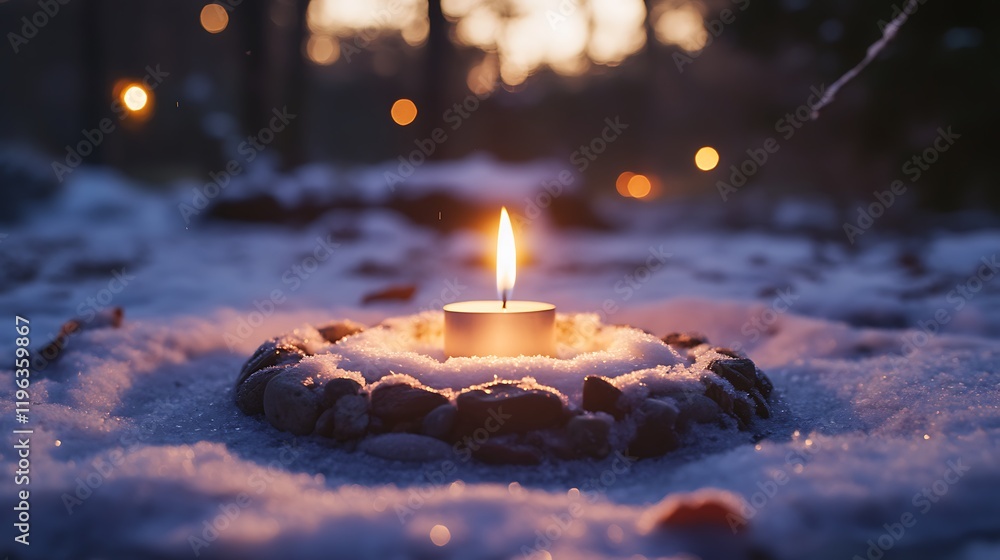 A snow stone circle with a lit christmas candle in the middle