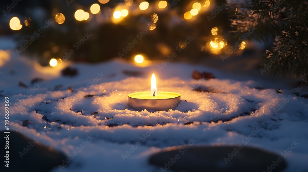 A snow stone circle with a lit christmas candle in the middle
