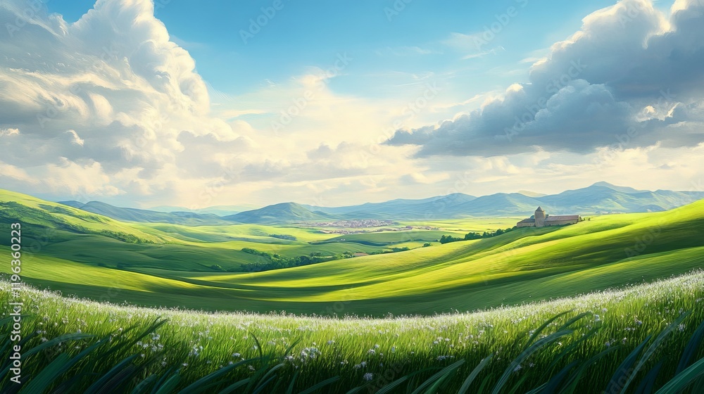 Obraz premium 9.Panoramic rural spring landscape featuring rolling meadows of lush green grass, a backdrop of distant mountains, and a sky bursting with sunlight filtering through soft clouds.