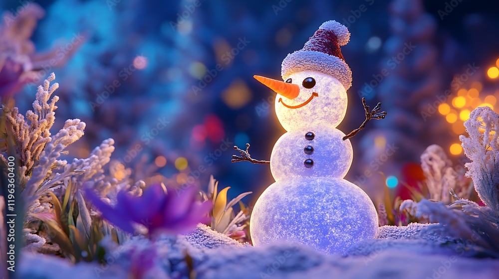 A softly lighting electric snowman set against a vibrant backdrop