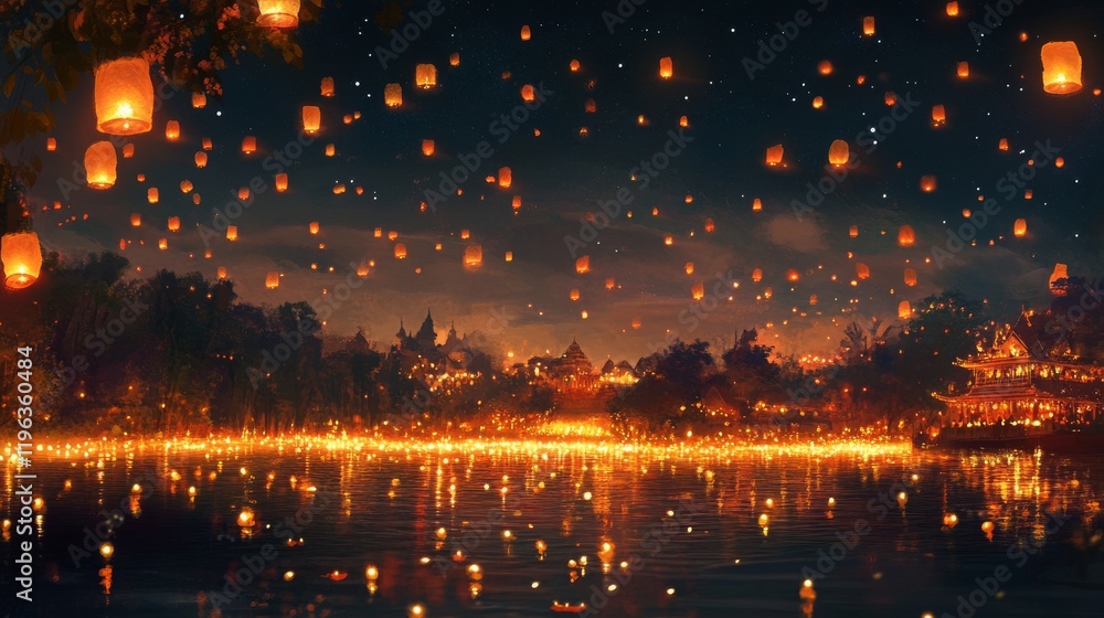 Fototapeta premium 15.Magical festival scene with a darkened sky, lit by floating lights and lanterns, flickering diyas on the ground, and shimmering reflections casting a warm glow.