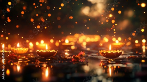 15.Magical festival scene with a darkened sky, lit by floating lights and lanterns, flickering diyas on the ground, and shimmering reflections casting a warm glow. photo