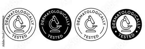 Dermatologically tested set icon. Dermatology, dermatologist, clinically proven, allergen free, laboratory tested, lab, label, logo, badge. Dermatologically tested label product packaging design.