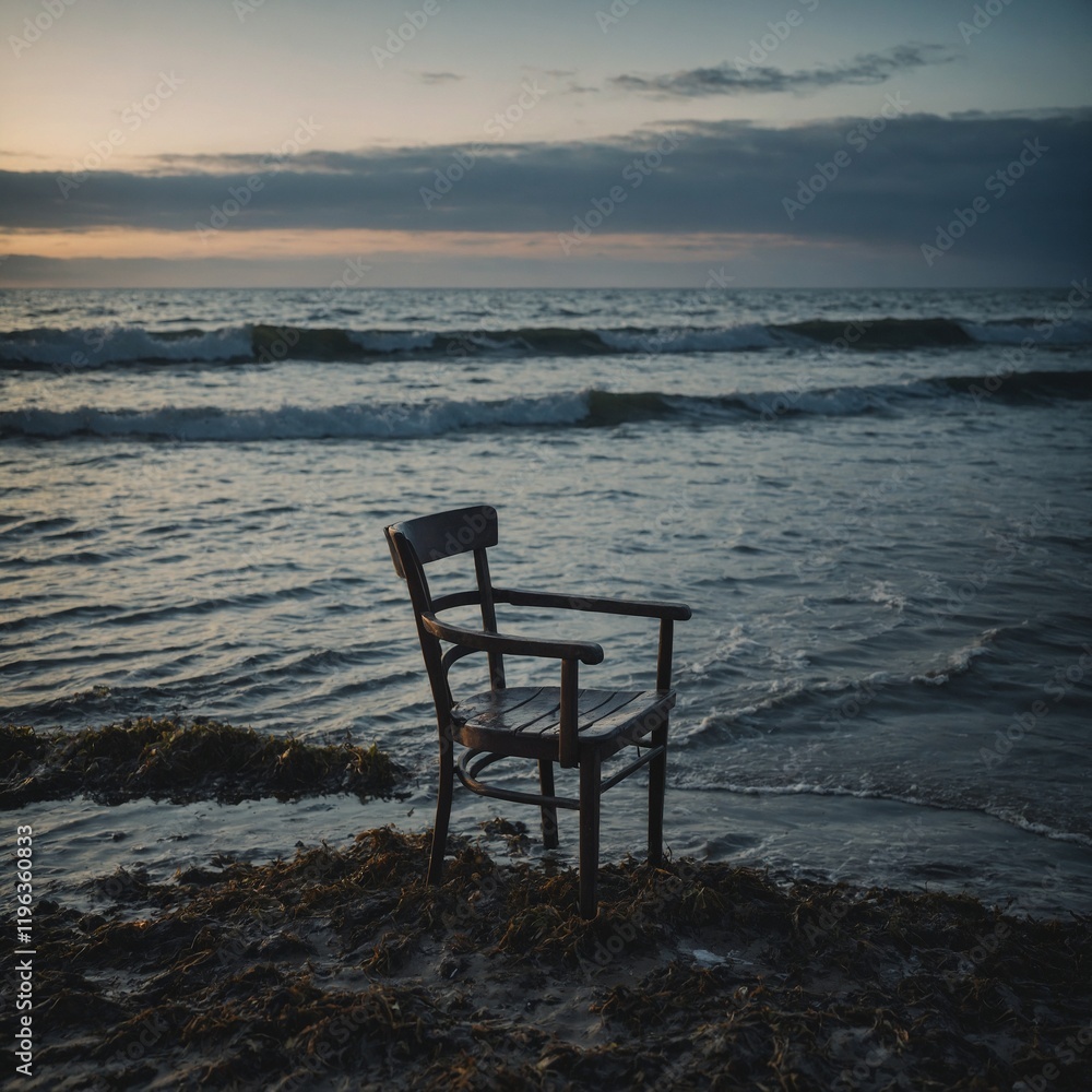 Photograph a lone chair placed at the water’s edge. Photograph a lone chair placed at the water’s edge.