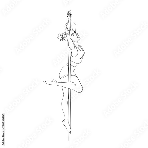 Pole dancer continuous line drawing, dancing girl beautiful female abstract silhouette, dance woman line art, tattoo, print for clothes and logo design, isolated vector illustration.