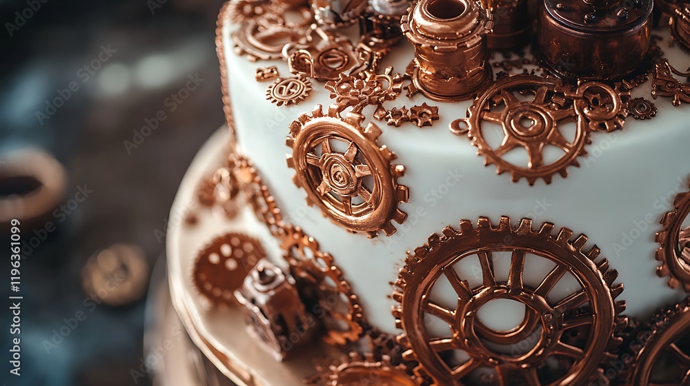 A steampunkstyle cake with edible gears and copper details