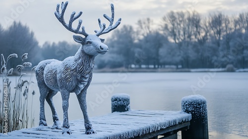 Obraz na płótnie A statue of a reindeer covered in snow standing on a wooden wharf by a frozen lake w salonie