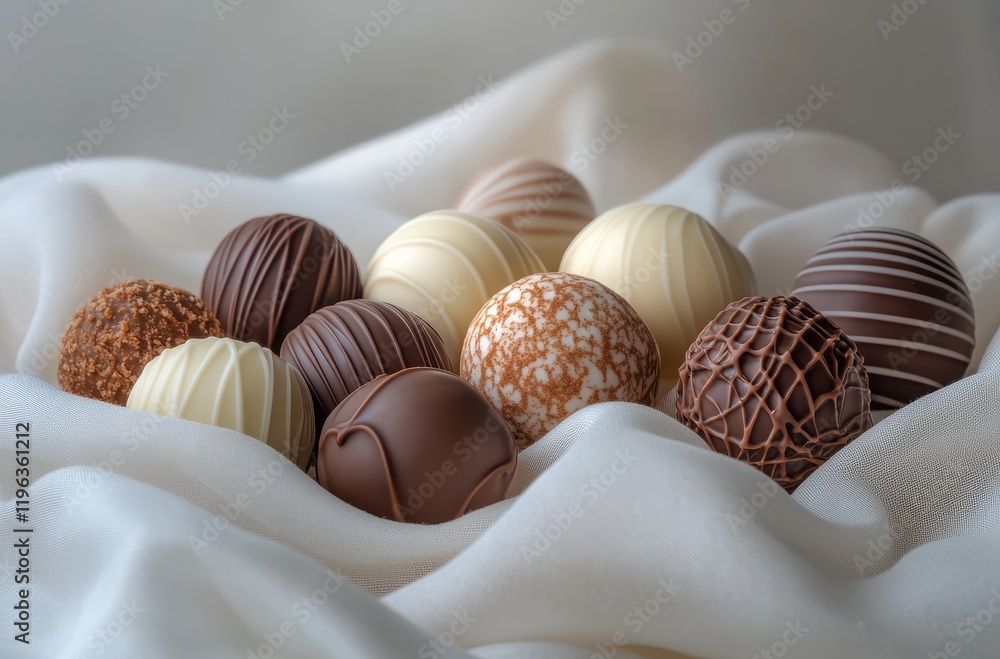 Assorted Gourmet Chocolate Truffles on a Soft Satin Surface, Showcasing a Variety of Flavors and Textures in an Elegant Setting for Dessert Lovers Assorted Gourmet Chocolate Truffles on a Soft Satin Surface, Showcasing a Variety of Flavors and Textures in an Elegant Setting for Dessert Lovers