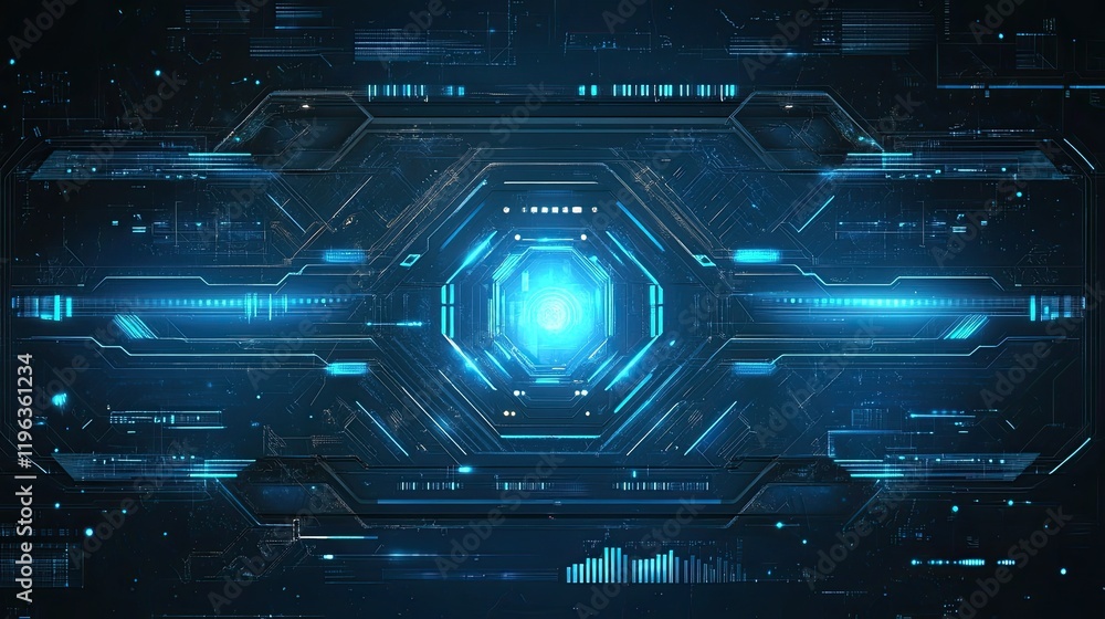The vector image of a futuristic energy technology concept features blue light rays and stripes on a dark background. The vector image of a futuristic energy technology concept features blue light rays and stripes on a dark background.