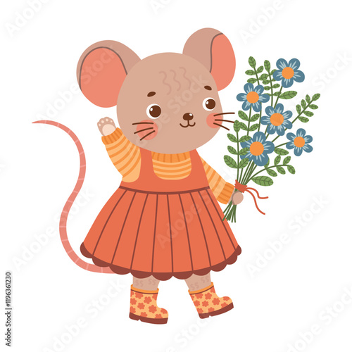 Mouse in dress and wellies with bouquet of flowers. Cute spring forest woods woodland character. Vector illustration isolated on transparent background.