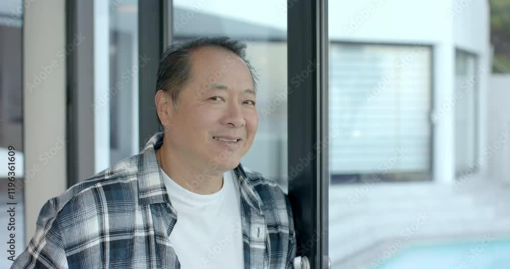 Smiling man in casual outfit standing by glass door, enjoying vacation Smiling man in casual outfit standing by glass door, enjoying vacation