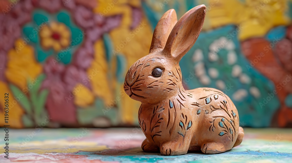 A terracotta bunny with handcarved details isolated on a colorful background