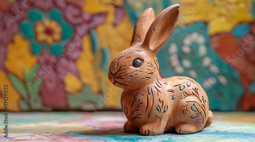 Obraz na płótnie A terracotta bunny with handcarved details isolated on a colorful background w salonie