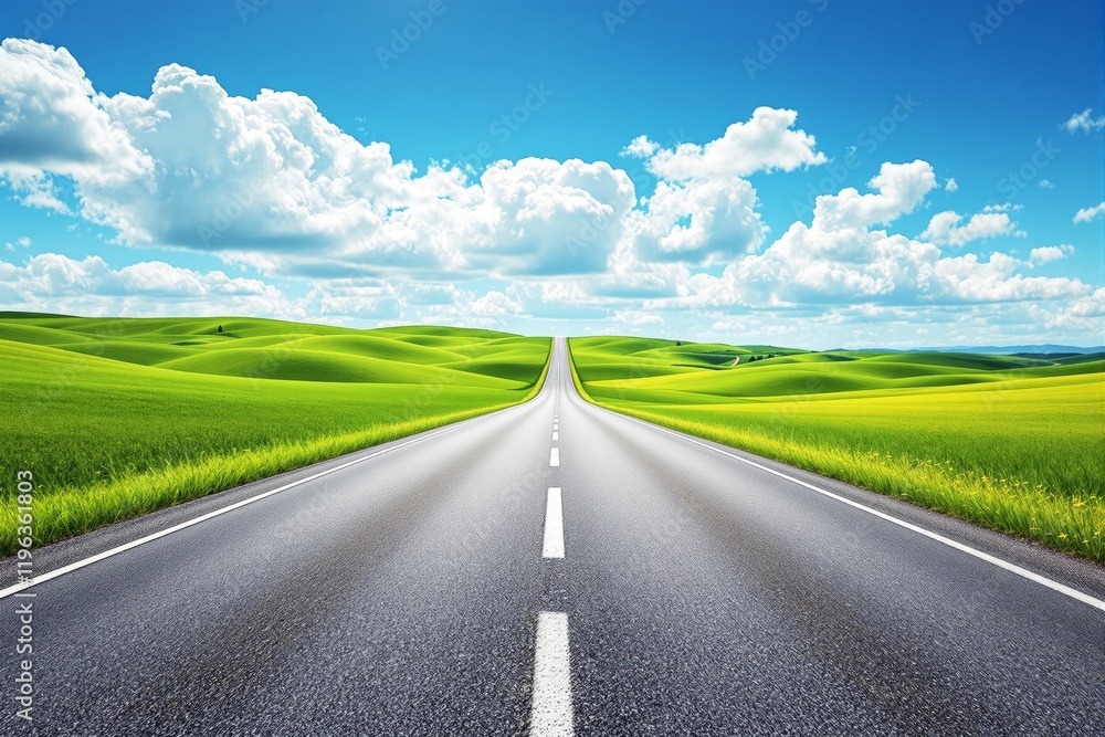 Fototapeta premium Road leading through vibrant green hills under a bright blue sky with fluffy clouds in daylight.